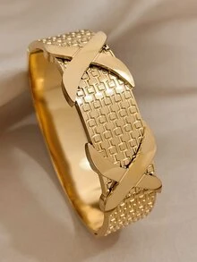 1入金色不規則交叉款裝飾不鏽鋼手鐲,女式厚寬方格袖口手鐲,聖誕日常派對珠寶禮物 - 金黃色 - 查看 2