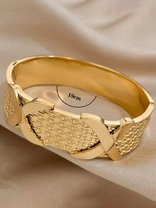 1入金色不規則交叉款裝飾不鏽鋼手鐲,女式厚寬方格袖口手鐲,聖誕日常派對珠寶禮物 - 金黃色 - 查看 6