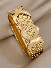 1入金色不規則交叉款裝飾不鏽鋼手鐲,女式厚寬方格袖口手鐲,聖誕日常派對珠寶禮物 - 金黃色 - 查看 3