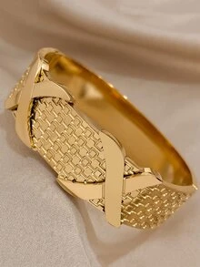 1入金色不規則交叉款裝飾不鏽鋼手鐲,女式厚寬方格袖口手鐲,聖誕日常派對珠寶禮物 - 金黃色 - 查看 5