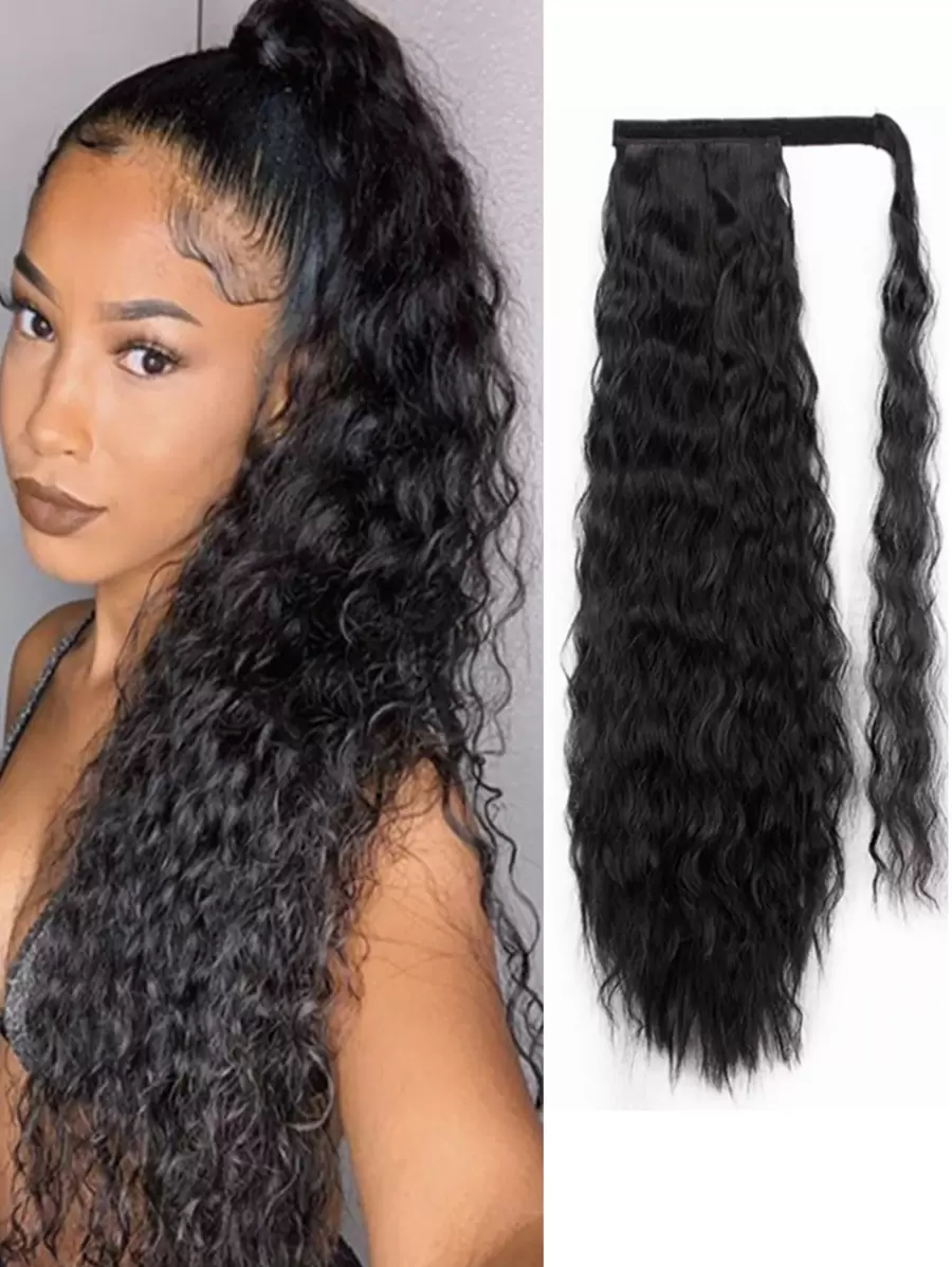18-30 Inch Black Long Curly Wavy Invisible Ponytail Extension Hook And Loop Wig Hair Fluffy Corn Beard Ponytail Hair Accessories Suitable For Women And Girls, Party Daily Use