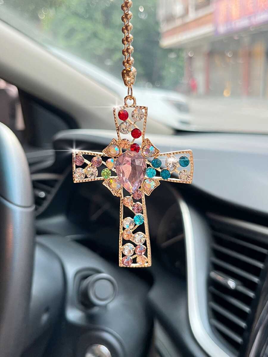 1 Pieza Colgante De Coche En Forma De Cruz De Cristal De Diamante De Múltiples Colores