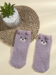 1 双可爱动物系列袜子，适合 3-16 岁男孩和女孩，刺绣柯基犬、熊猫、兔子、熊、恐龙保暖珊瑚绒家居袜 - 非常适合秋冬季 - 紫色 - 查看 2