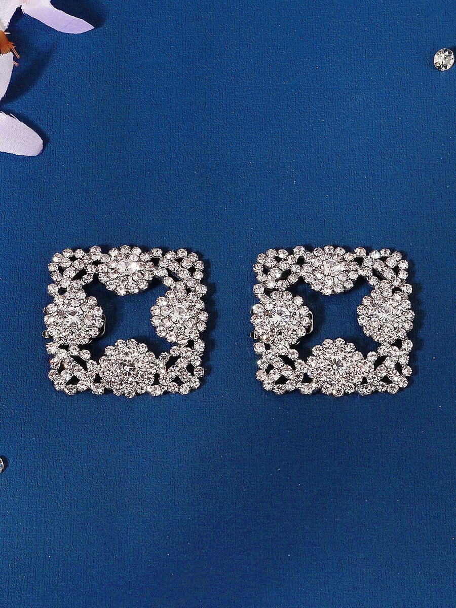 2 Piezas Hebilla De Zapato Extraíble De Cristal De Diamante Brillante Cuadrado Para Mujeres, Estilo Versátil - Plateado - Ver 1