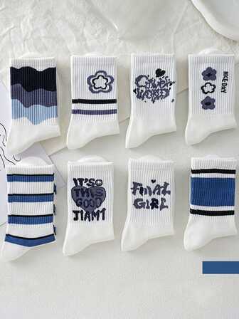 3 双女士中筒长款时尚蓝色袜子，四季皆宜，极具吸引力的时尚街头服饰，适合女孩穿着，无骨高腰设计