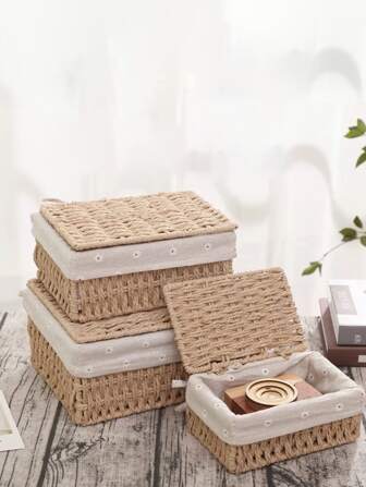 1 件/3 件带手柄的小型桌面编织篮，用于存放化妆品、钥匙、零食、客厅、入口、家居、编织盒、波西米亚绳花盆篮、天然混合藤条花园装饰、金属框架波西米亚风篮子，适合户外沿海氛围，几何篮子