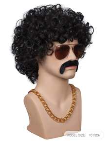 10 Inch Short Black Curly Men's Heat Resistant Synthetic Hair Wig for Daily Party Use or Disco Hippie Rocking 70s Theme Party and Halloween Rocker Heavy Metal 70's 1970s Costume Wigs - Black - View 3