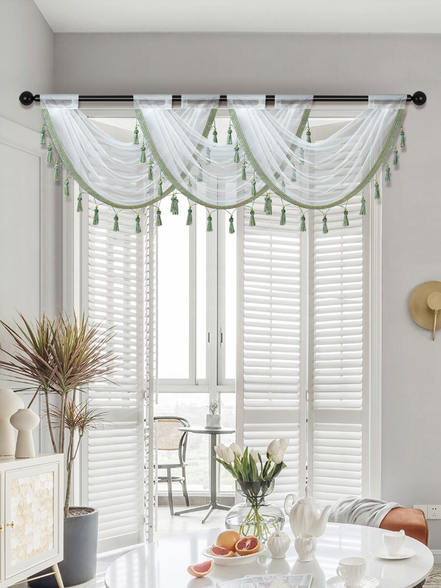 1 件白紗綠色蕾絲清新設計波浪窗簾,現代簡約窗簾,適合客廳、臥室、廚房門窗裝飾 - 綠色 - 查看 1