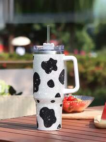 1入組車杯子牛奶圖案手工製作水鑽裝飾手柄絕緣杯子,便攜旅行馬克 - 黑色 - 查看 7