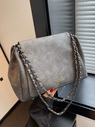 Bolso de cadena de unicolor elegante, bolso de hombro cruzado de gran capacidad con solapa texturizada y estilo de viaje para mujer, nuevo para 2024