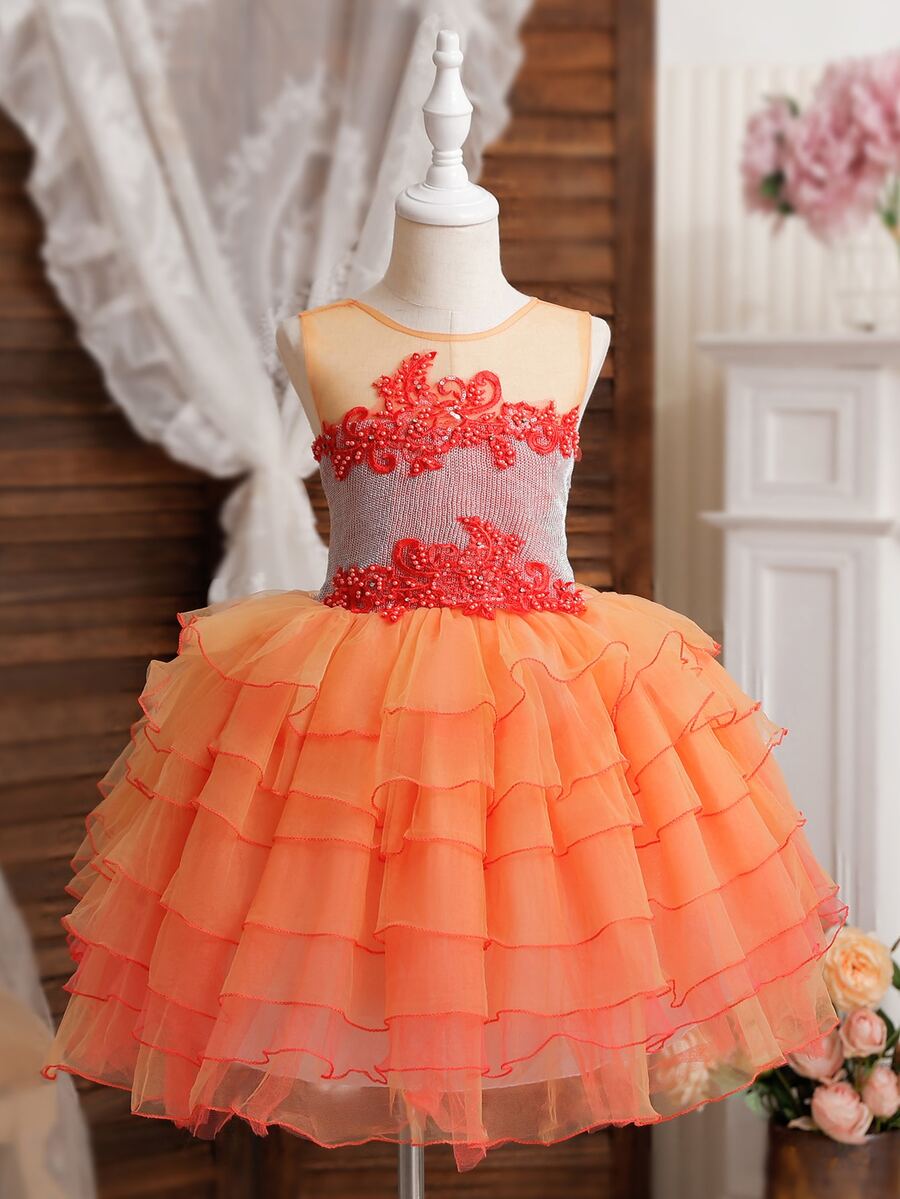 Tween Girls' Orange Puffy Skirt Party Dress With Layered Hem For Birthday, Performance - Orange - View 1
