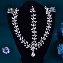 1pc Colorful Gemstone Bridal Hair Comb With Rhinestone, Alloy Flower Wedding Dress Hair Accessory - Silver - View 4