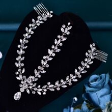 1pc Colorful Gemstone Bridal Hair Comb With Rhinestone, Alloy Flower Wedding Dress Hair Accessory - Silver - View 3