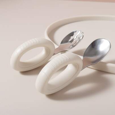 1 đôi Em bé Silicone & Thép không gỉ Học tập Cái thìa Và Cái nĩa Bộ Đối với Mớm mồi Em bé Món ăn , Kích thước :