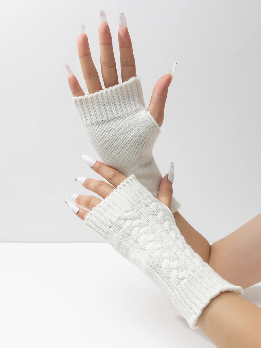 1只女士白色時尚扭紋設計街頭風格露指手套