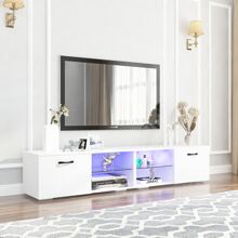 QQD LED TV Stand UV High Glossy Entertainment Center Modern TV Stand For Up To 85 Inch TV Television Stands With LED Light Gaming Media Cabinet For Living Room Bedroom