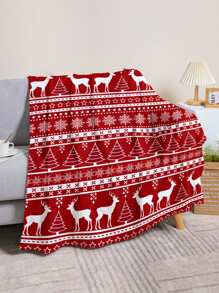 1pc Christmas Tree & Deer Design Blanket, Geometric Hand-drawn Soft Warm Fabric Printing Suitable For Home Decoration Living Room Bedroom Sofa Bed Use Blanket, Christmas - Burgundy - View 5