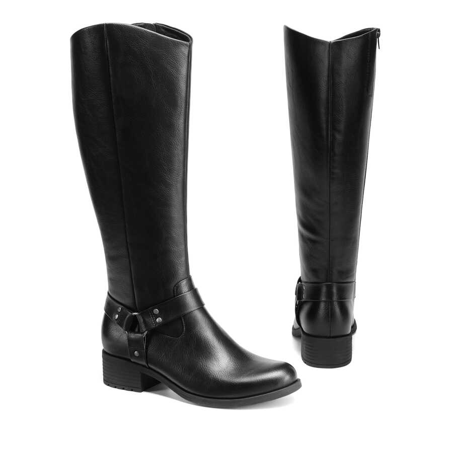 Boots For Women Knee High, Pointed Toe Buckle Pull On Side Zipper Leather Riding Boots - màu đen - Xem 1
