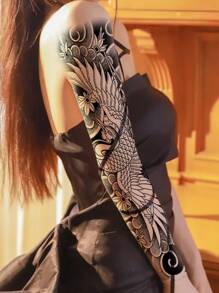 1 件大號男女防水黑色鳳凰和花朵圖案手臂紋身貼紙 - 黑色 - 查看 1