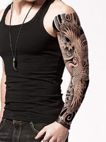 1 件大號男女防水黑色鳳凰和花朵圖案手臂紋身貼紙 - 黑色 - 查看 3