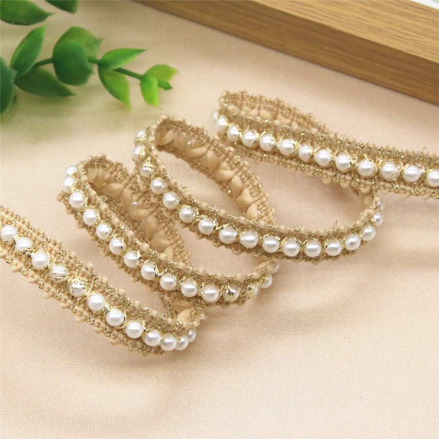 1yard Gold and silver pearl lace beaded ribbon DIY garment handmade accessories - Beige - View 1