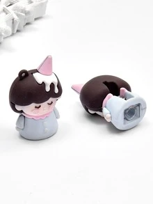 1pc Cartoon Girl Shaped Ice Cream Manual Pencil Sharpener, Portable Hand Crank Rotating Cutter - Multicolor - View 3