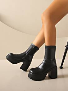 Botas femininas de salto grosso simples e elegantes, espartilho, botas clássicas elegantes para áreas externas - Preto - Ver 4