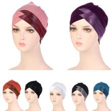1pc Women's Solid Color Cross Turban Cap, Daily Wear Headwrap - Purple - View 1