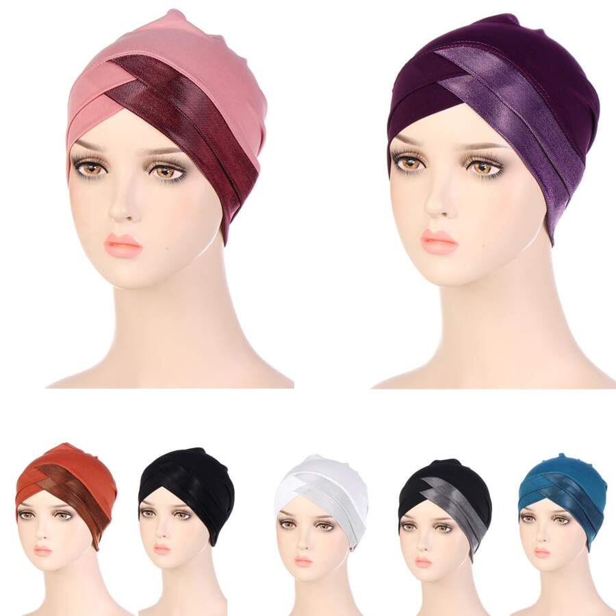 1pc Women's Solid Color Cross Turban Cap, Daily Wear Headwrap - Purple - View 1