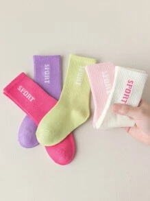 5 Pairs/pack Girls' Mid-calf Socks In Rose Pink Color Theme - Multicolor - View 4