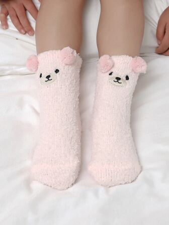 1 Pair Cute Animal Series Socks For Kids Aged 3-16 (Corgi, Panda, Rabbit, Bear, Dinosaur), Embroidered Warm Coral Fleece House Socks, Perfect For Autumn/Winter