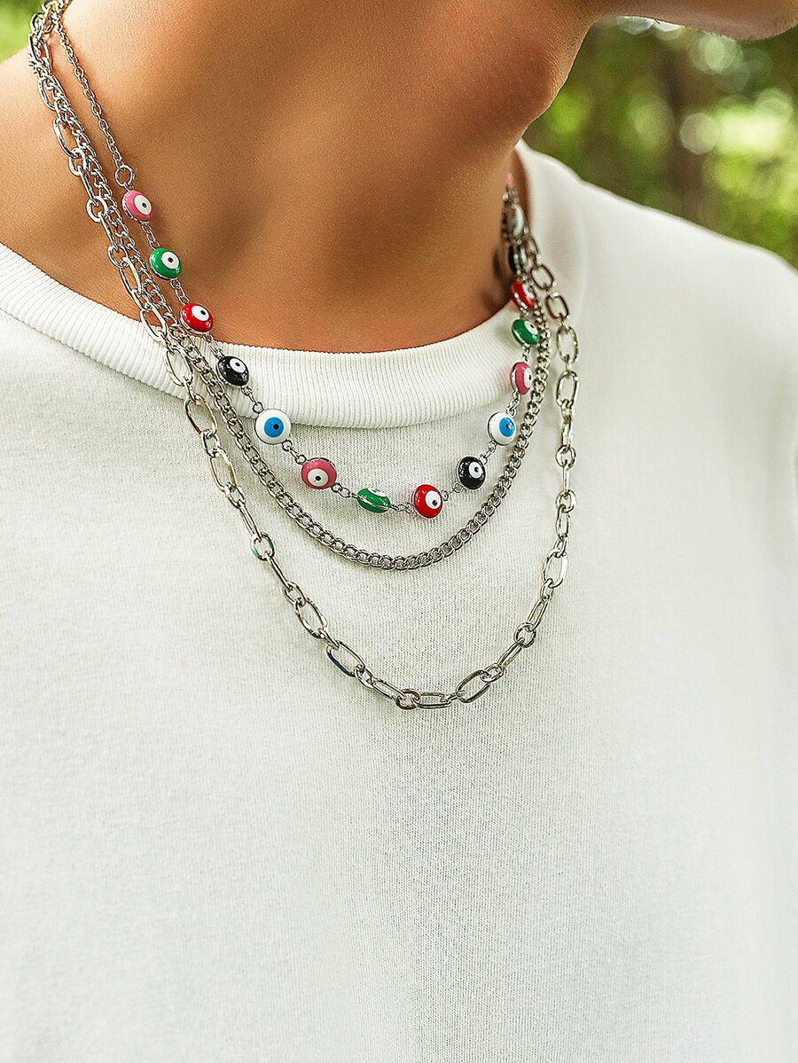 3pcs/set Multicolor Eye Beaded Necklace Goth Style Men's Chain Necklace Set - Silver - View 1