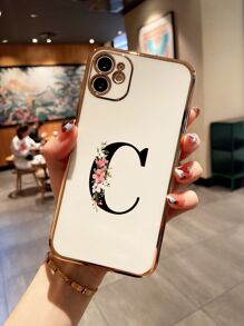 1 件简约字母印花激光雕刻边缘电镀手机壳适用于苹果手机 - 彩色 - 查看 1