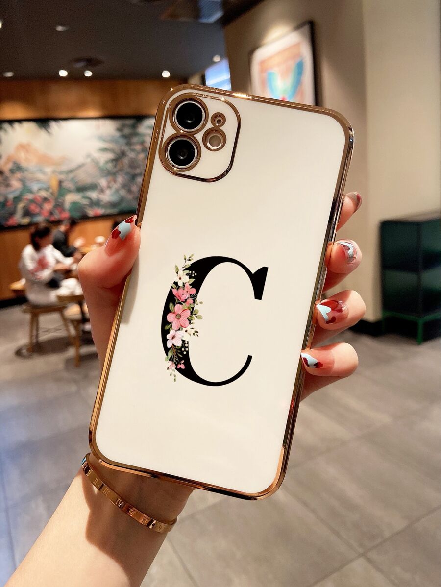 1 件简约字母印花激光雕刻边缘电镀手机壳适用于苹果手机 - 彩色 - 查看 1