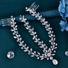 1pc Colorful Gemstone Bridal Hair Comb With Rhinestone, Alloy Flower Wedding Dress Hair Accessory - Silver - View 2