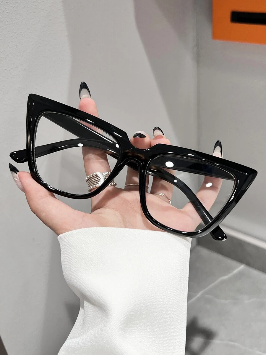 1 Pair Unisex Plastic Frame Cat Eye Glasses, Suitable For Computer, Gaming, TV, Smartphone Use, Clear Lenses, Eye Protection - Black - View 1