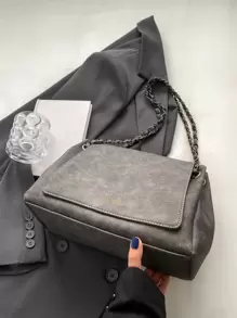 优雅纯色链条包，女士2024新款纹理翻盖大容量通勤单肩斜挎包 - 深灰色 - 查看 4