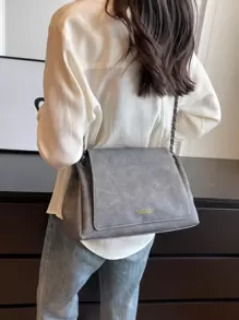 优雅纯色链条包，女士2024新款纹理翻盖大容量通勤单肩斜挎包 - 深灰色 - 查看 3