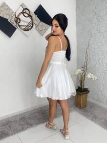 Vestido curto de festa alça renda tule brilho - Branco - Visão 3