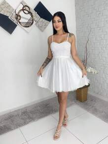 Vestido curto de festa alça renda tule brilho - Branco - Visão 4