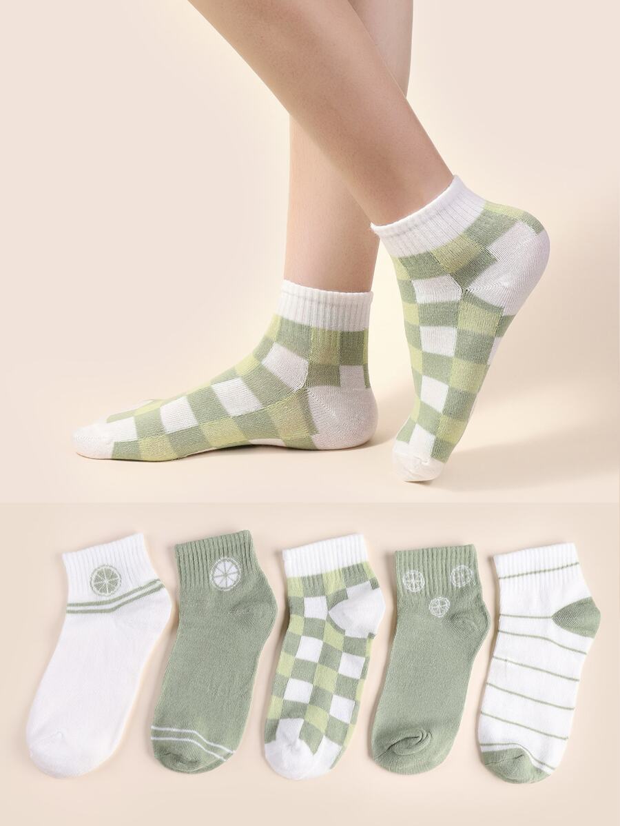 5pairs Women Plaid Pattern Breathable Fashionable Ankle Socks For Daily Decoration - Green - View 1