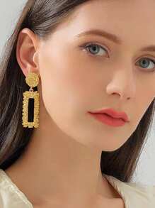 1pair European And American Style Gilded Heavy Metal Rectangle Dangle Earrings, Fashionable Long Design For Women's Daily Wear - Gold - View 4
