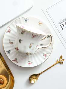 1杯1碟1勺手绘金边咖啡杯碟套装，带有碎花图案，适合早餐桌/下午茶时间 - 白色 - 查看 2