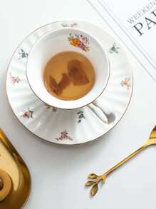 1杯1碟1勺手绘金边咖啡杯碟套装，带有碎花图案，适合早餐桌/下午茶时间 - 白色 - 查看 3