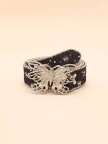 Party 1pc Women's Black Pu Material Jeans Belt With Big Round Buckle And Beads Summer, School