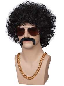 10 Inch Short Black Curly Men's Heat Resistant Synthetic Hair Wig for Daily Party Use or Disco Hippie Rocking 70s Theme Party and Halloween Rocker Heavy Metal 70's 1970s Costume Wigs - Black - View 4