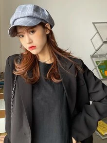 1頂女式貝雷帽，多功能時尚方格八角帽，大型頭帶棒球帽，垂直條紋畫家帽，別緻報童帽，適用於所有場合 - 霧霾藍 - 查看 3