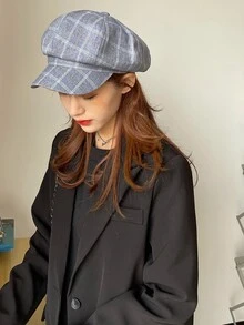 1頂女式貝雷帽，多功能時尚方格八角帽，大型頭帶棒球帽，垂直條紋畫家帽，別緻報童帽，適用於所有場合 - 霧霾藍 - 查看 4