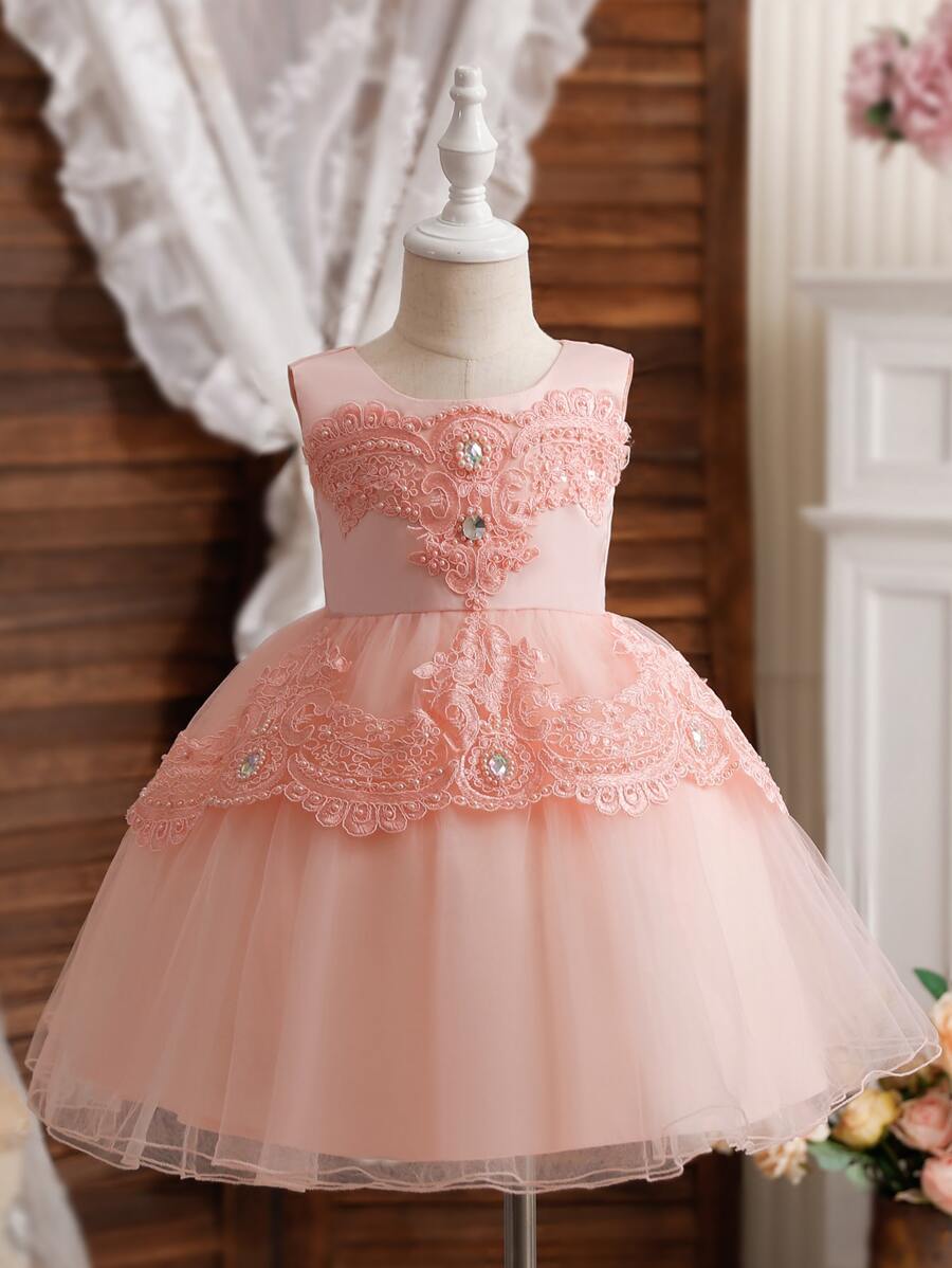 年輕女孩粉色表現主持人網紗半身裙,5-12歲小洋裝 - 粉色 - 查看 1