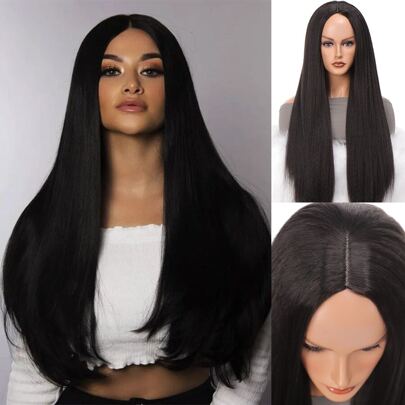 Chemical Fiber Wig Black Acrylic Hair Texture 22.5 Inches Long Hair For Women Wig Long Straight Hair For Women Chemical Fiber Hair